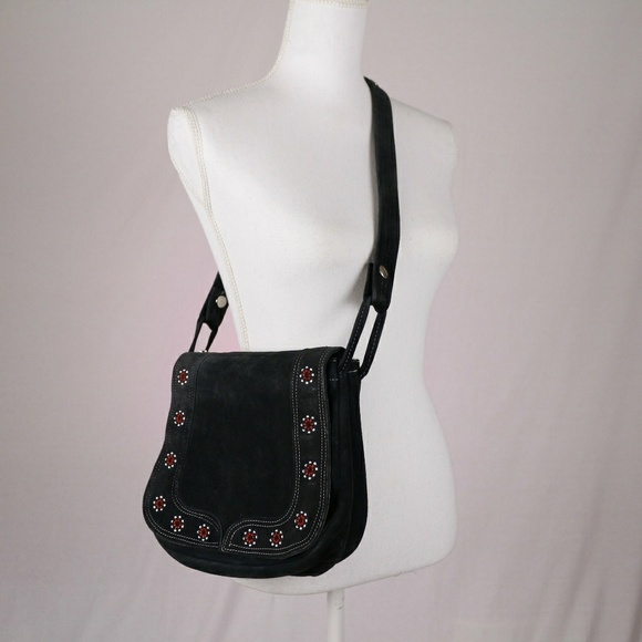 Vintage Handbags - VTG 60s 70s Boho Beaded Black Suede Shoulder Purse